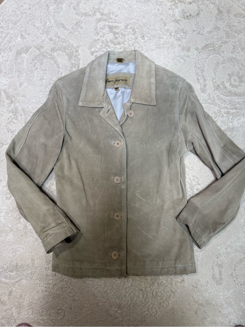 REM Garson Suede Leather Jacket Womens Small Beige Button Front Vintage - Picture 2 of 8